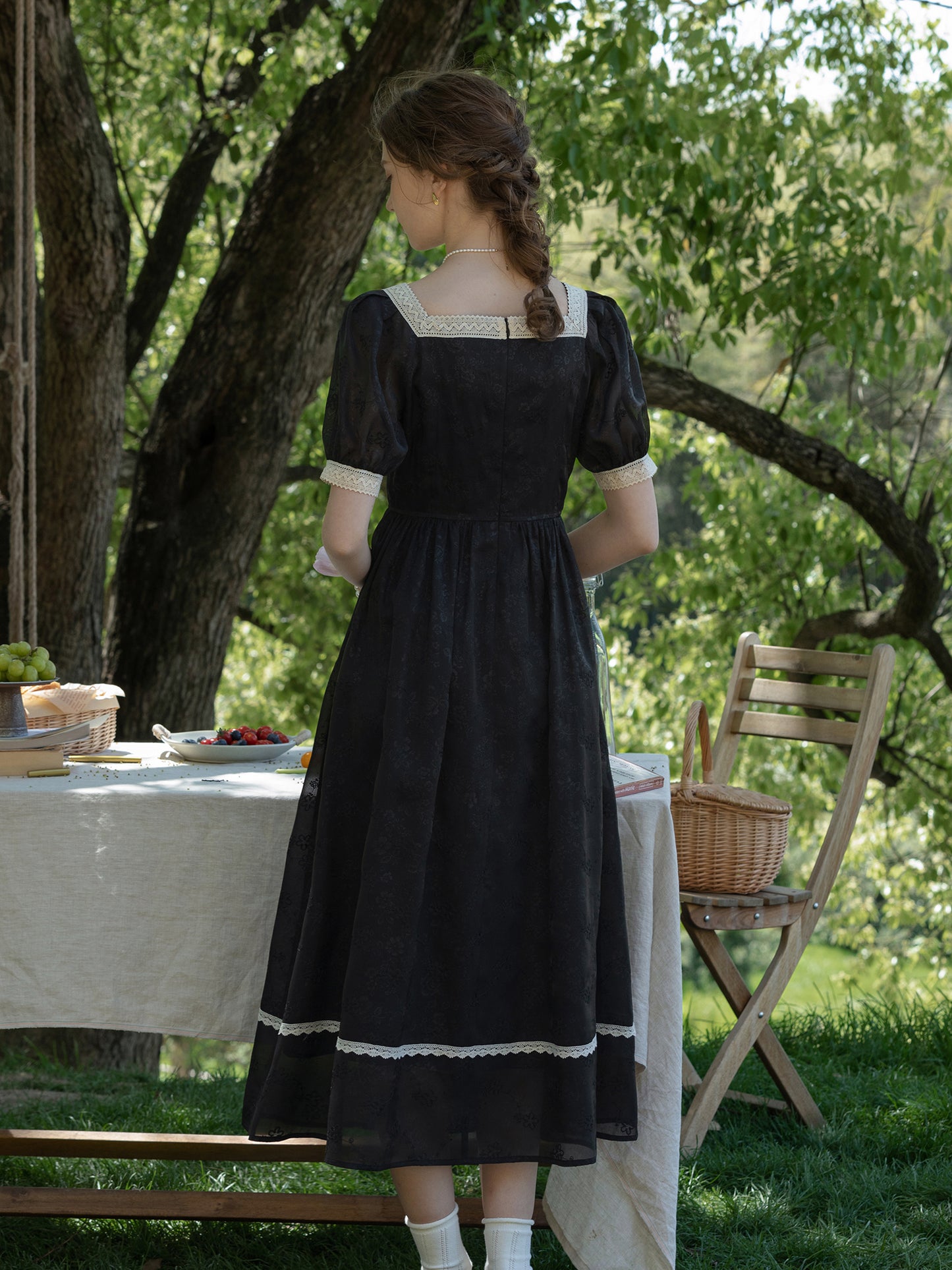 Classic Puff-Sleeve Dress With Lace Trim