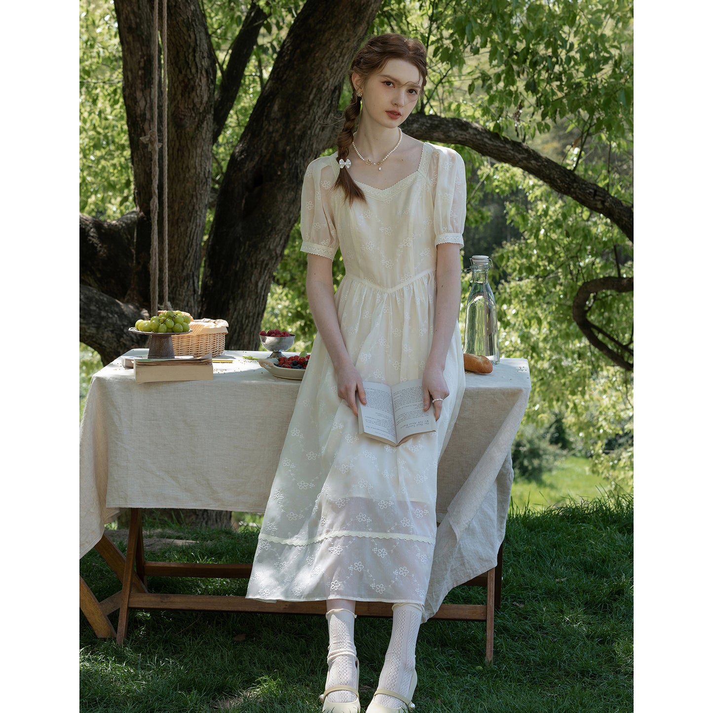 Classic Puff-Sleeve Dress With Lace Trim