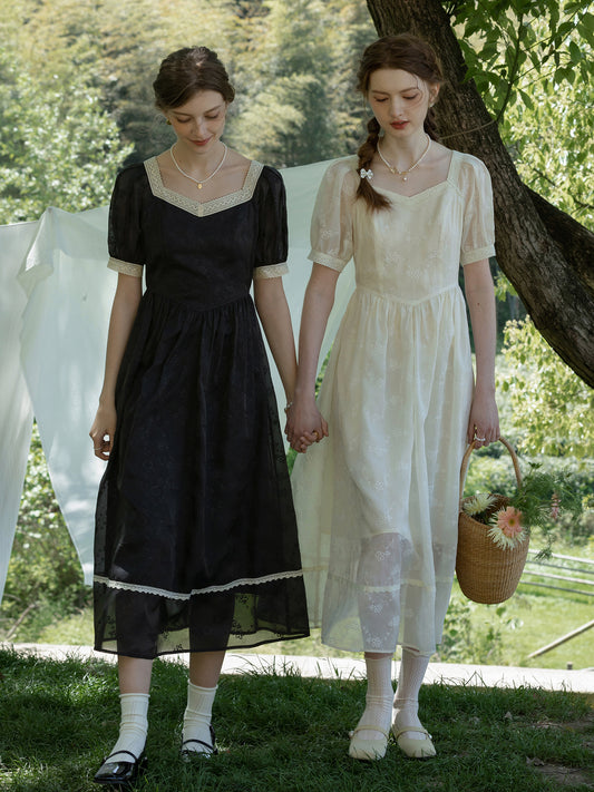 Classic Puff-Sleeve Dress With Lace Trim