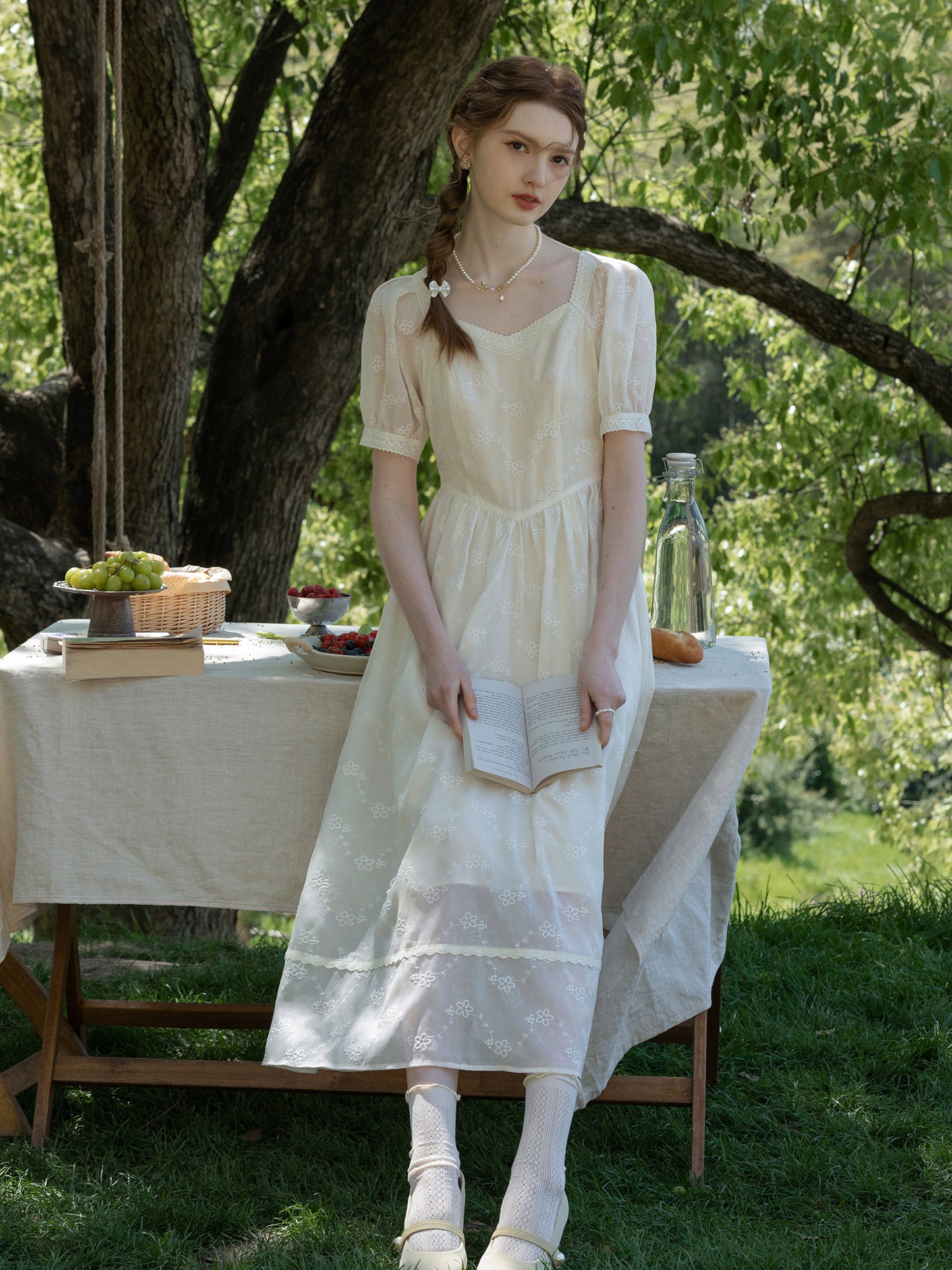 Classic Puff-Sleeve Dress With Lace Trim