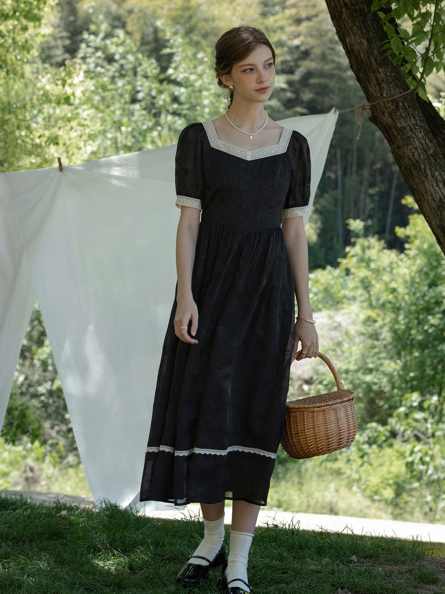 Classic Puff-Sleeve Dress With Lace Trim