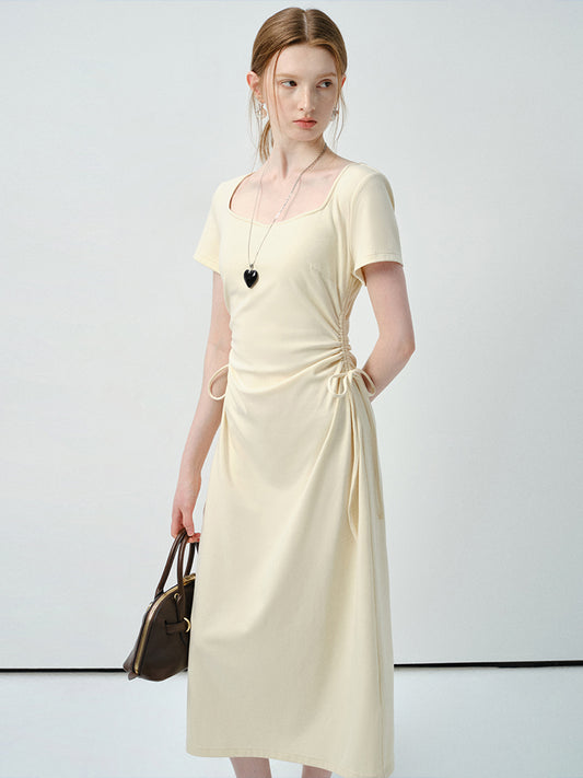 Square Neck Midi Dress With Ruched Sides