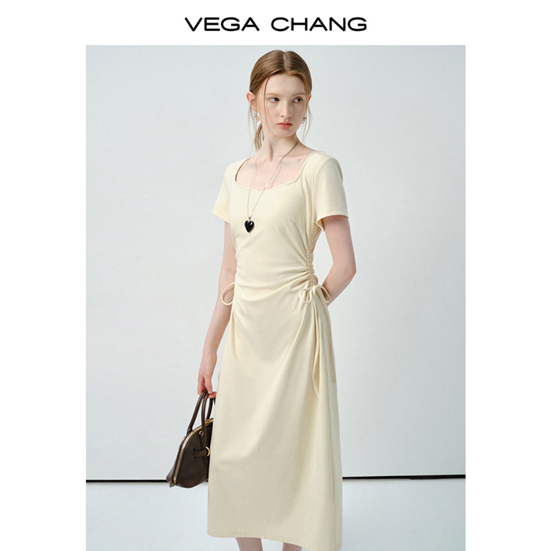 Square Neck Midi Dress With Ruched Sides