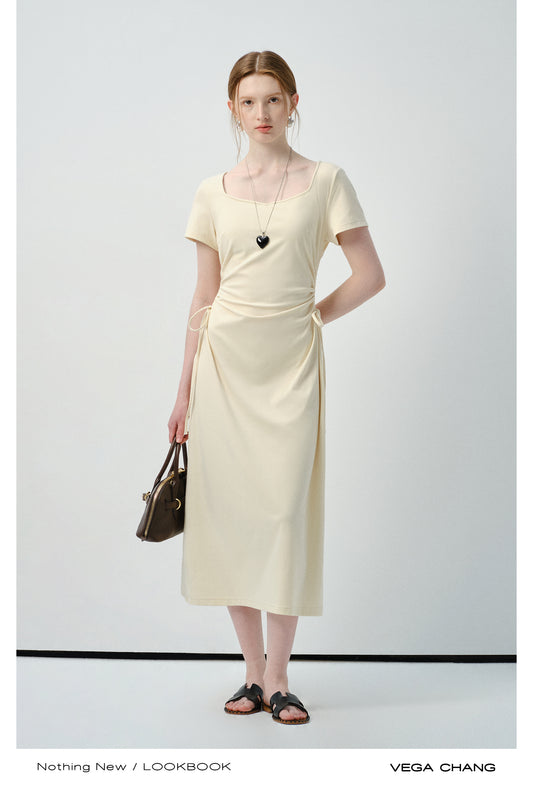 Square Neck Midi Dress With Ruched Sides