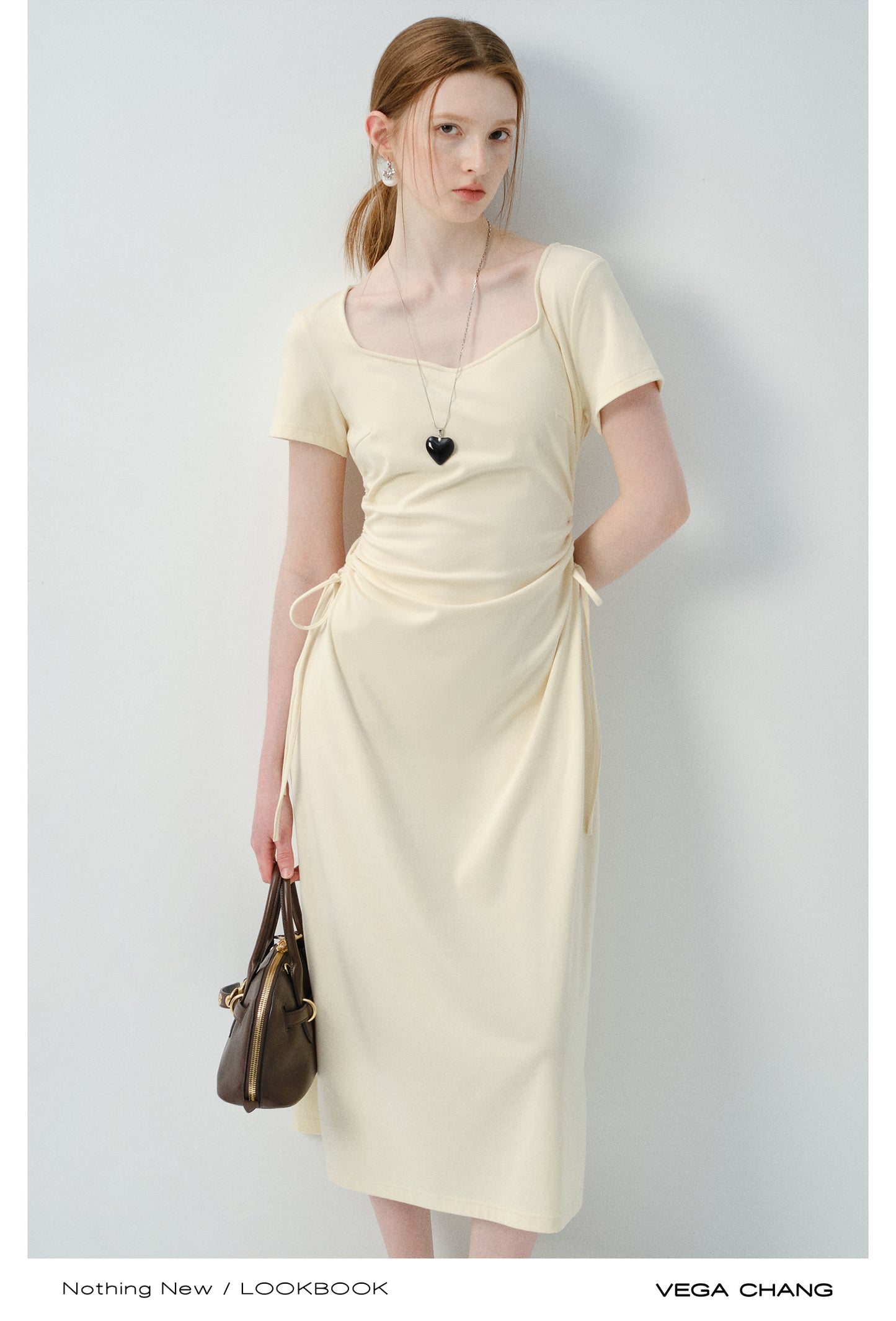 Square Neck Midi Dress With Ruched Sides
