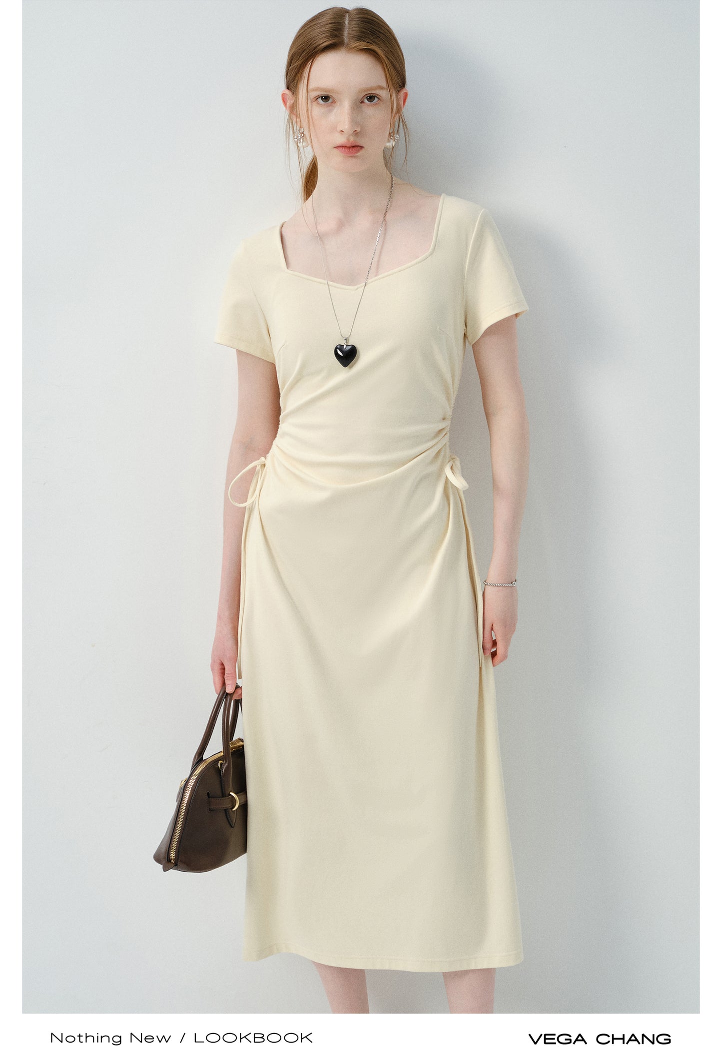 Square Neck Midi Dress With Ruched Sides