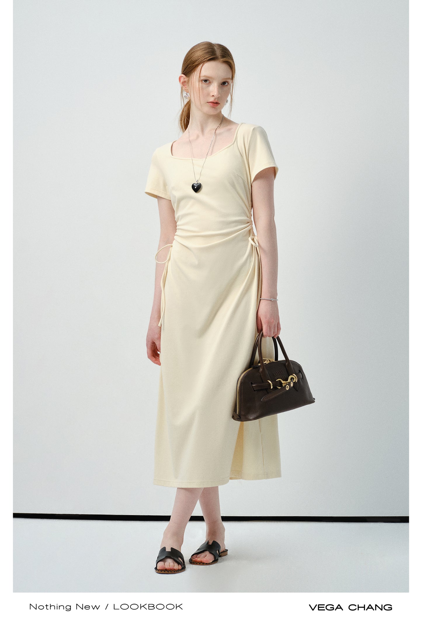 Square Neck Midi Dress With Ruched Sides