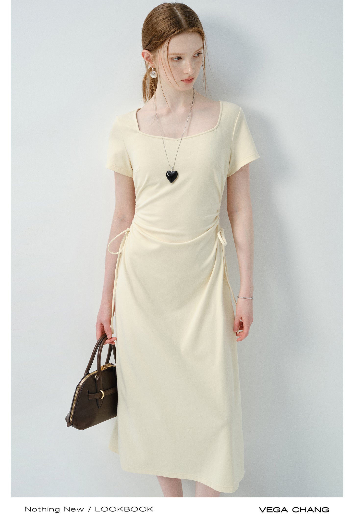 Square Neck Midi Dress With Ruched Sides