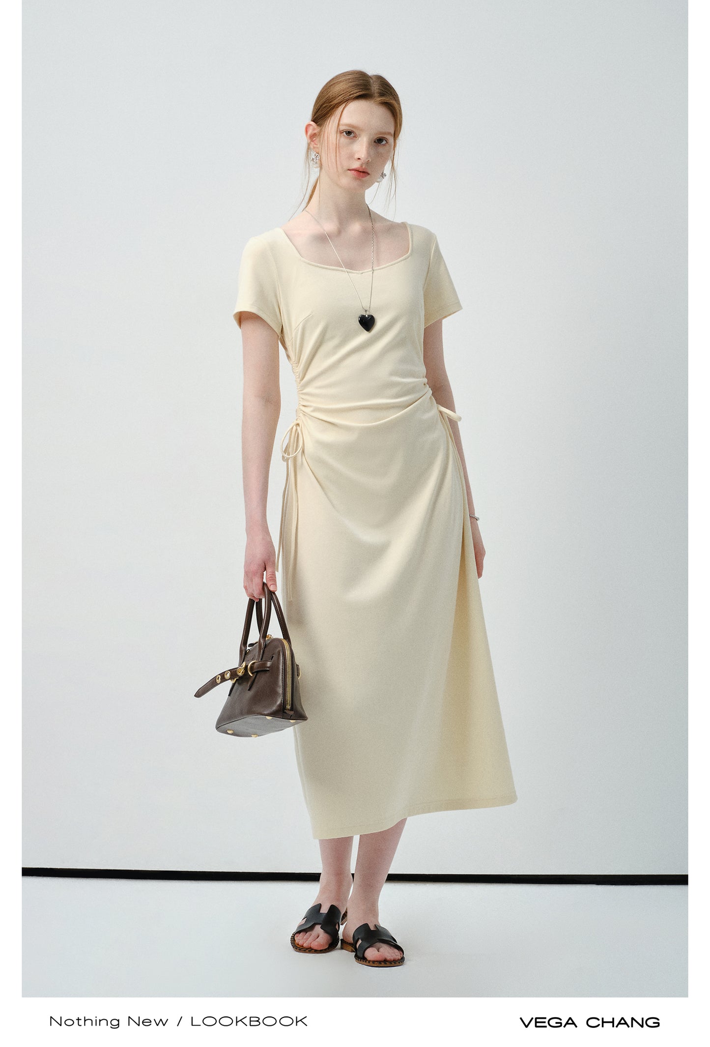 Square Neck Midi Dress With Ruched Sides