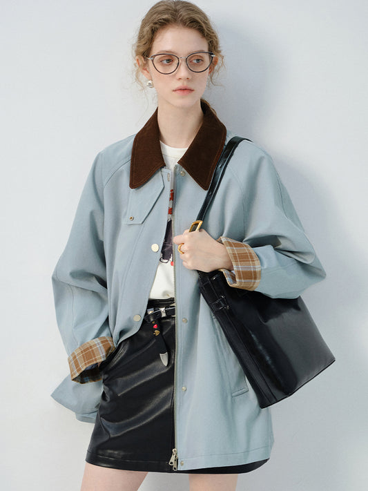 Plaid Cuff Jacket With Two-Way Collar