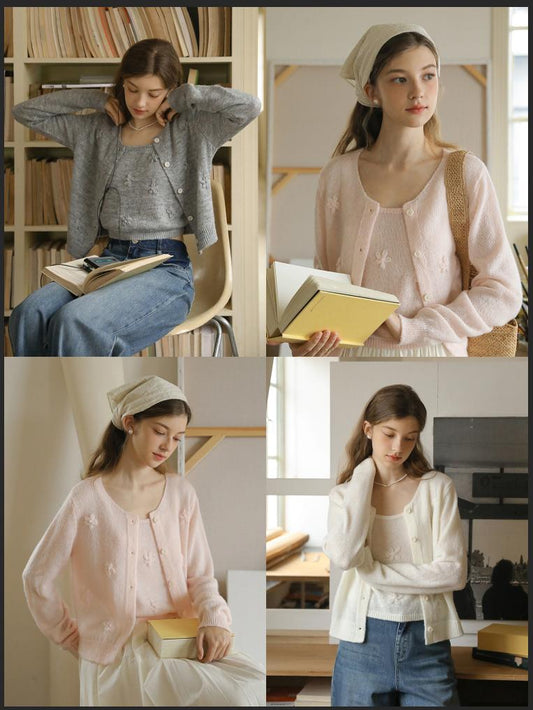 Floral-Embellished Knit Cardigan With Strap Top Set