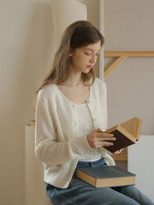 Floral-Embellished Knit Cardigan With Strap Top Set