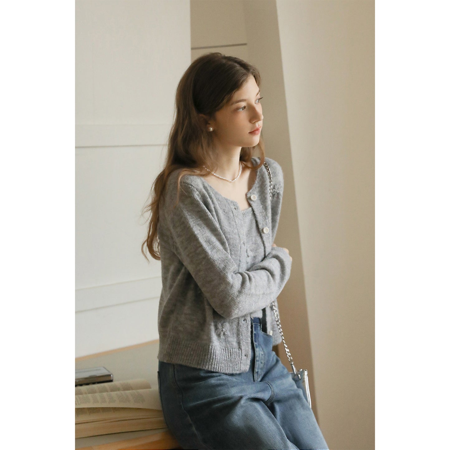 Floral-Embellished Knit Cardigan With Strap Top Set