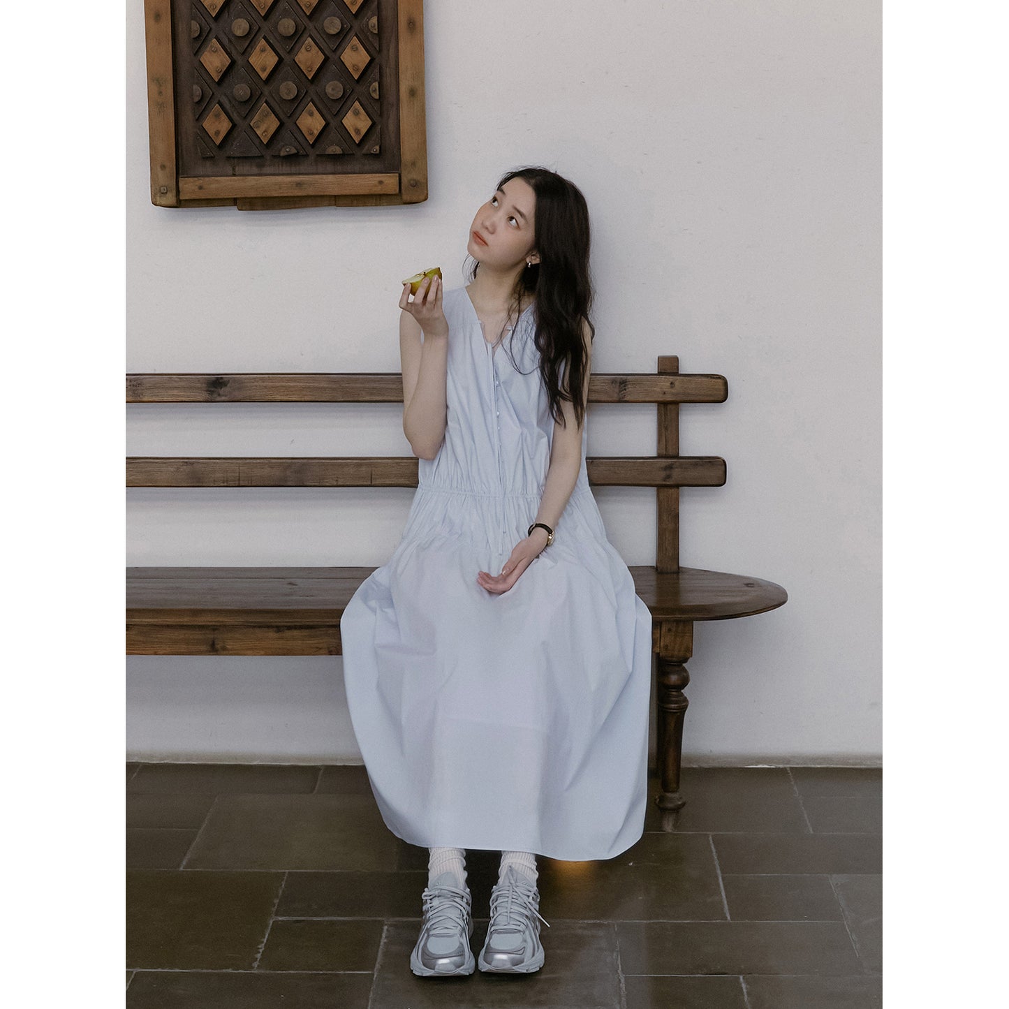Sleeveless Ruched Cotton Dress With Tie-Neck