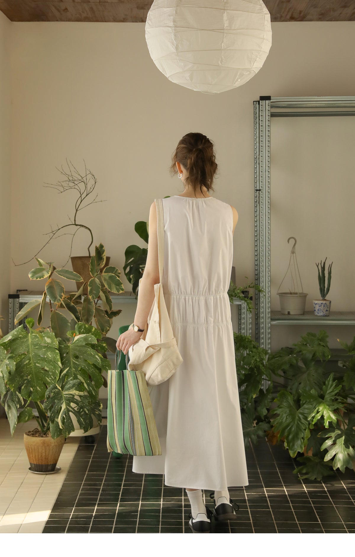 Sleeveless Ruched Cotton Dress With Tie-Neck