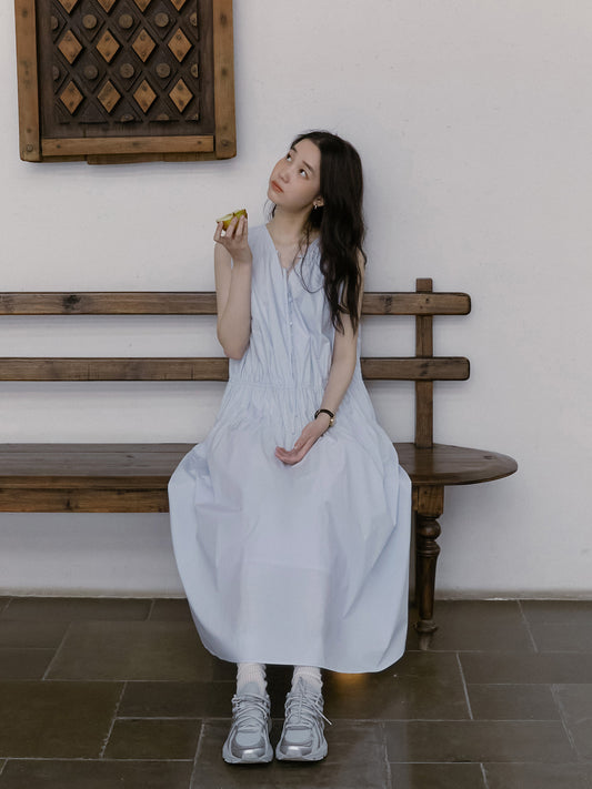 Sleeveless Ruched Cotton Dress With Tie-Neck