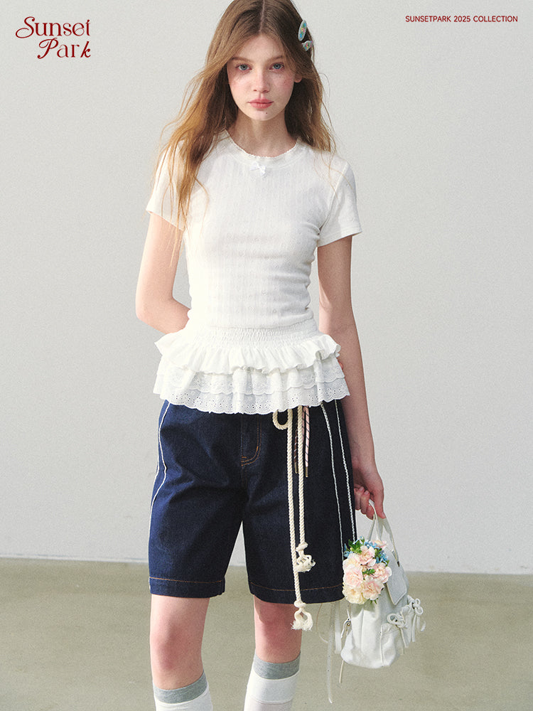 Ruffle-Hem Pointelle Tee
