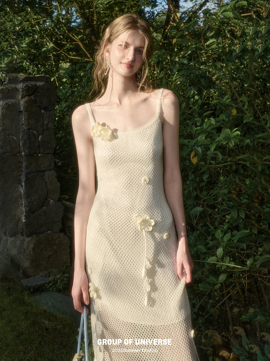 Mesh Knit Strap Dress With Floral Accents