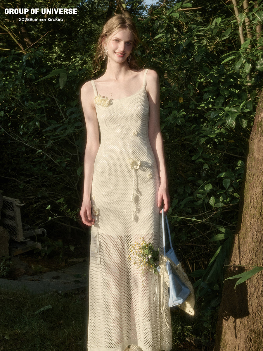Mesh Knit Strap Dress With Floral Accents