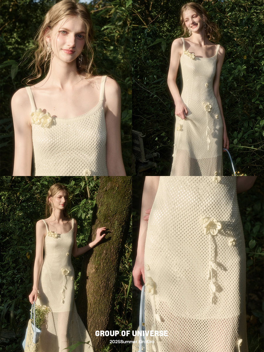 Mesh Knit Strap Dress With Floral Accents