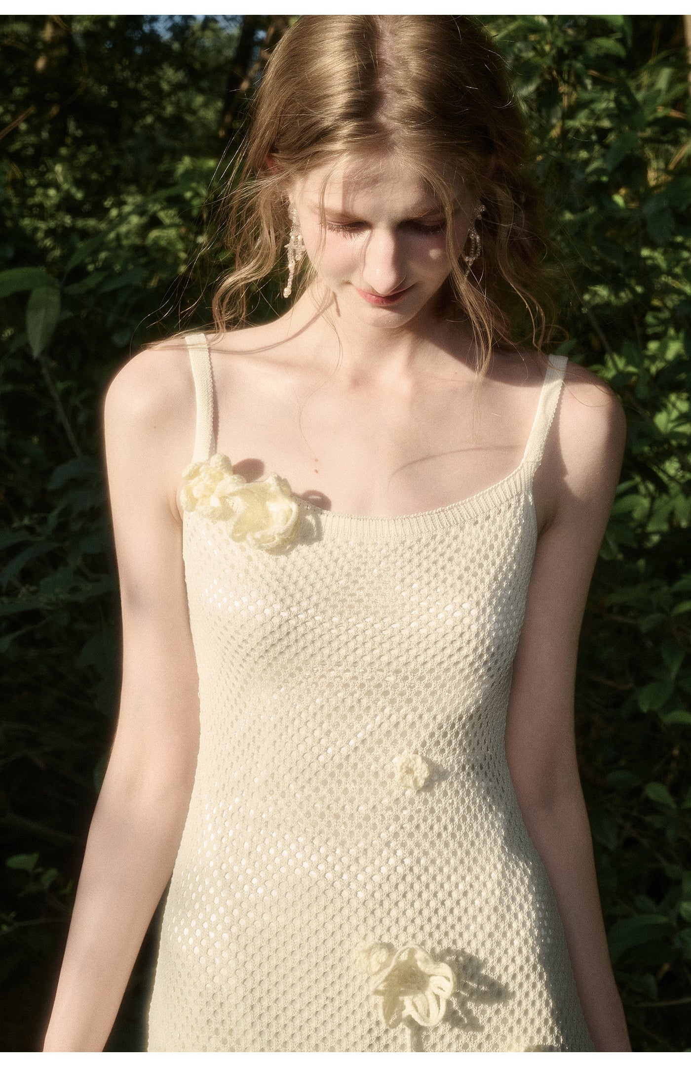 Mesh Knit Strap Dress With Floral Accents