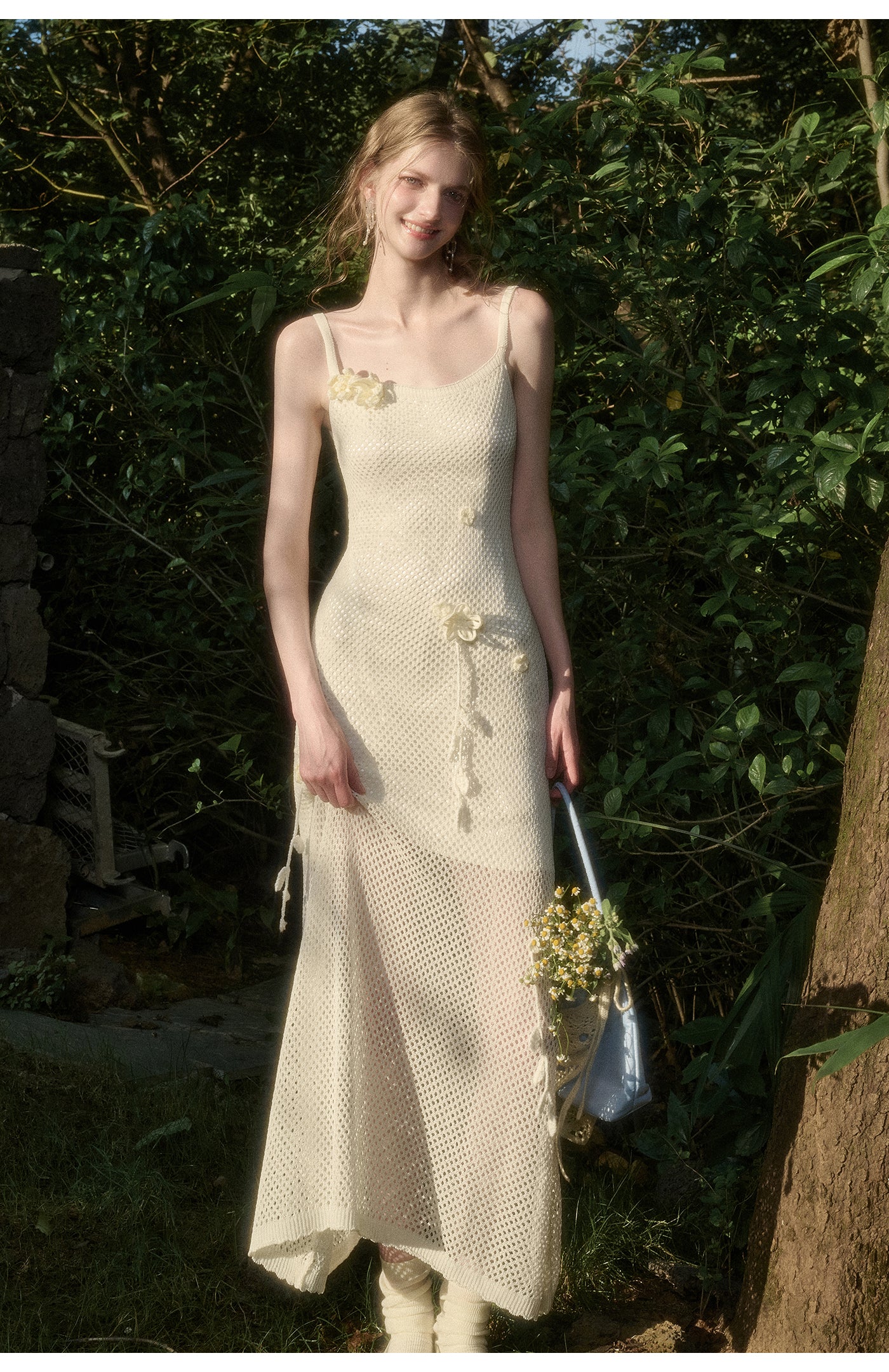 Mesh Knit Strap Dress With Floral Accents
