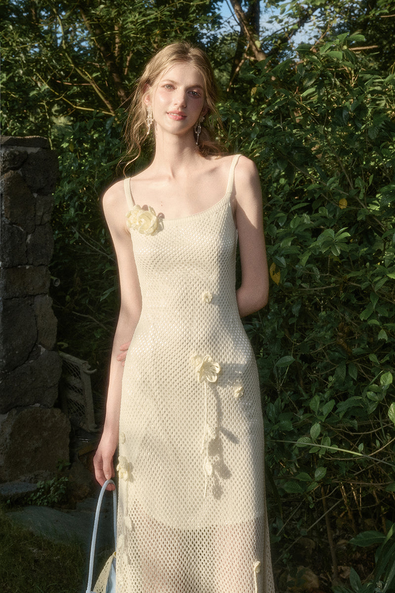 Mesh Knit Strap Dress With Floral Accents