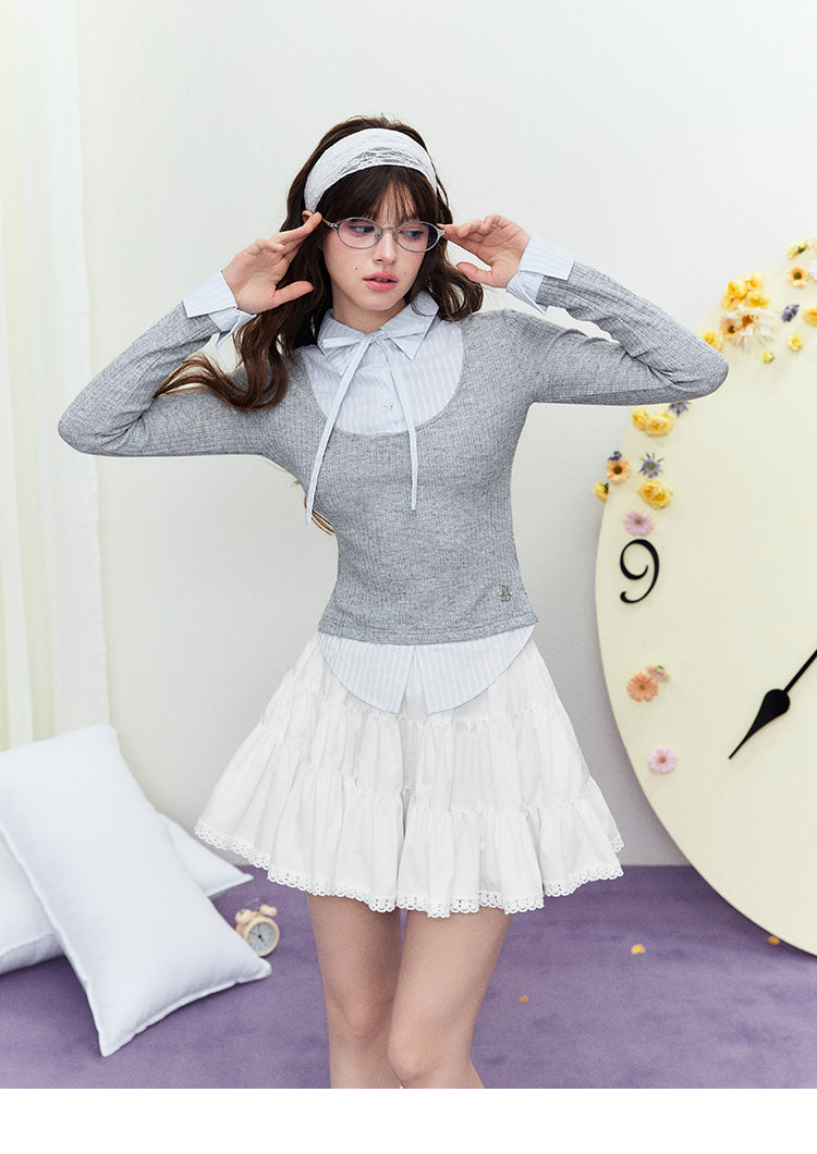 Striped Collared Layered-Look Top