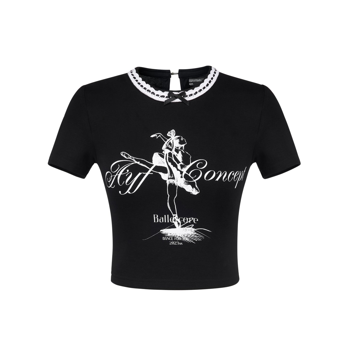 Cropped Printed T-Shirt With Lace-Detail Neckline