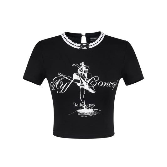 Cropped Printed T-Shirt With Lace-Detail Neckline