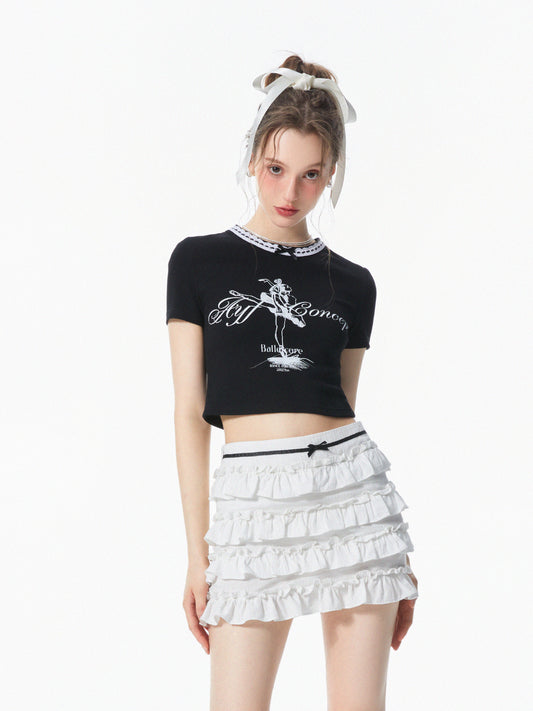 Cropped Printed T-Shirt With Lace-Detail Neckline