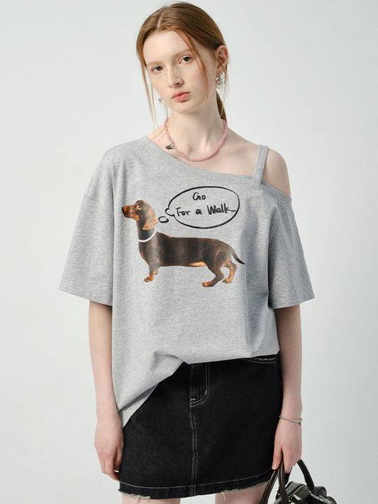 Asymmetric Dog Print T-Shirt With Single Strap