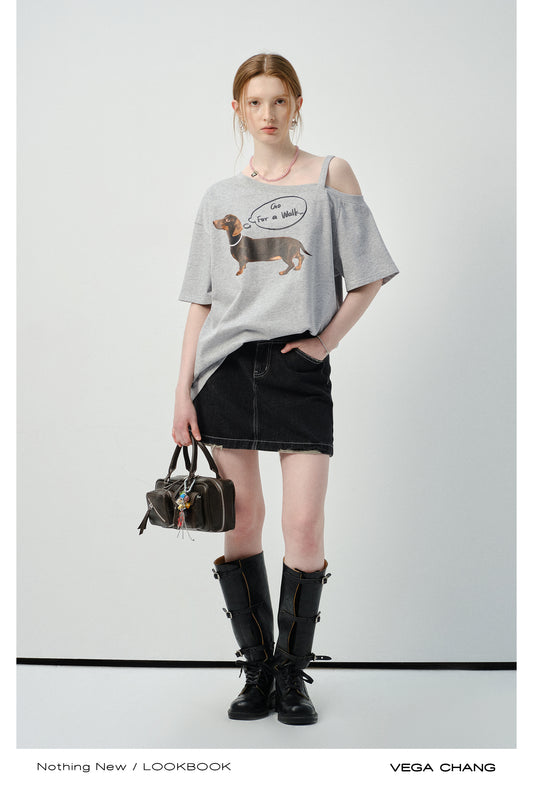 Asymmetric Dog Print T-Shirt With Single Strap