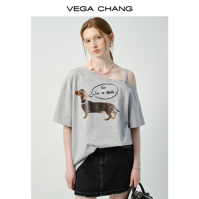 Asymmetric Dog Print T-Shirt With Single Strap