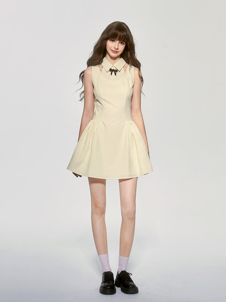 Faux Layered Sleeveless Dress With Collar & Bow