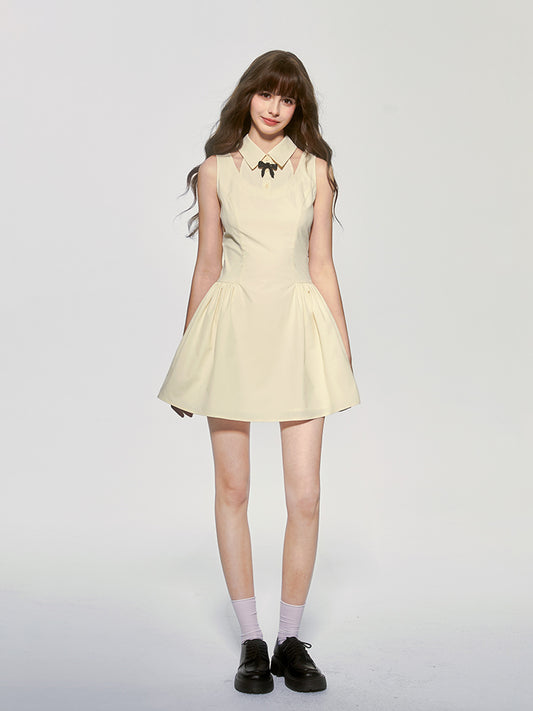 Faux Layered Sleeveless Dress With Collar & Bow