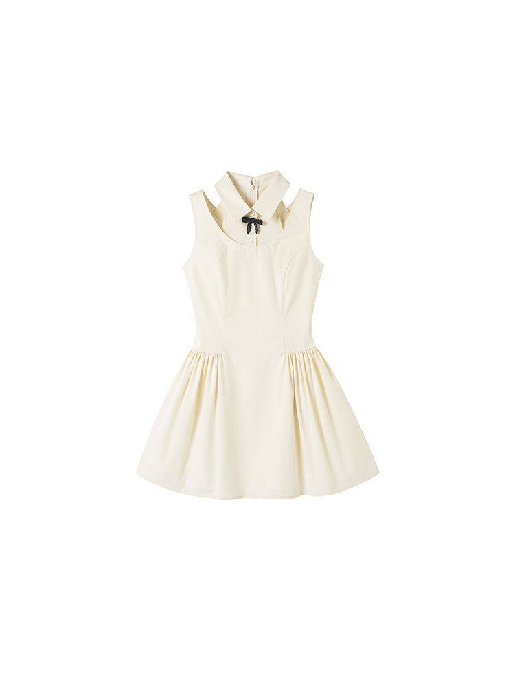 Faux Layered Sleeveless Dress With Collar & Bow