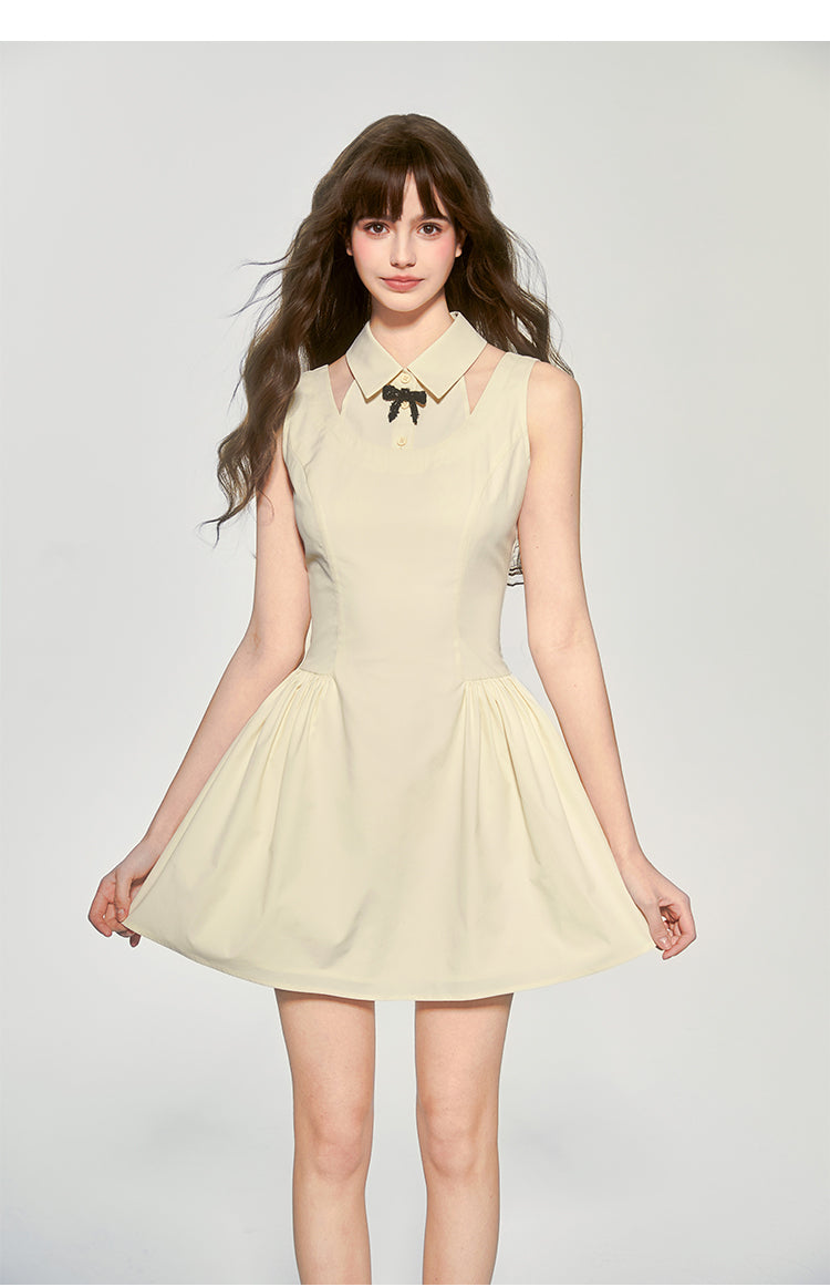 Faux Layered Sleeveless Dress With Collar & Bow