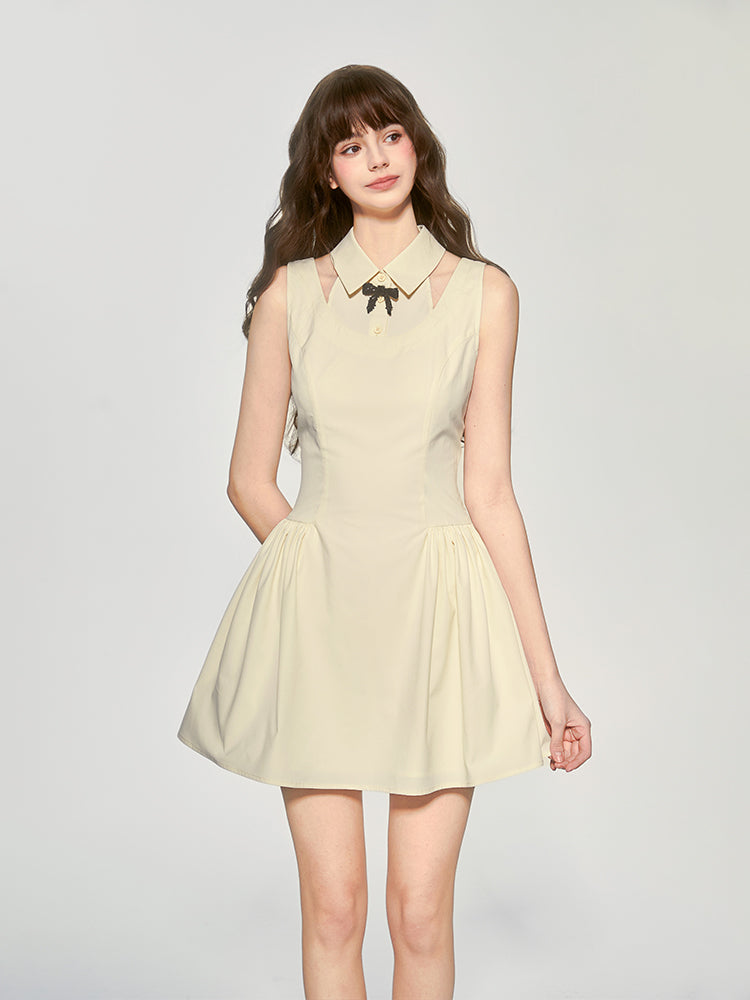 Faux Layered Sleeveless Dress With Collar & Bow