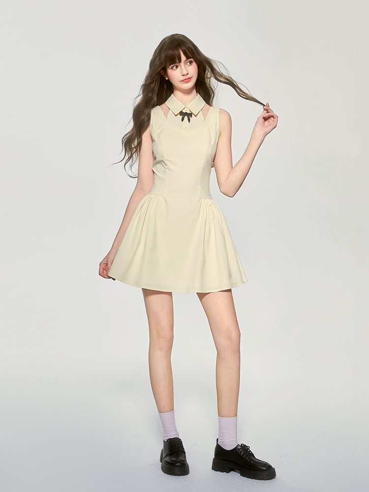 Faux Layered Sleeveless Dress With Collar & Bow