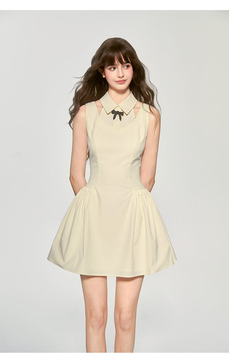 Faux Layered Sleeveless Dress With Collar & Bow