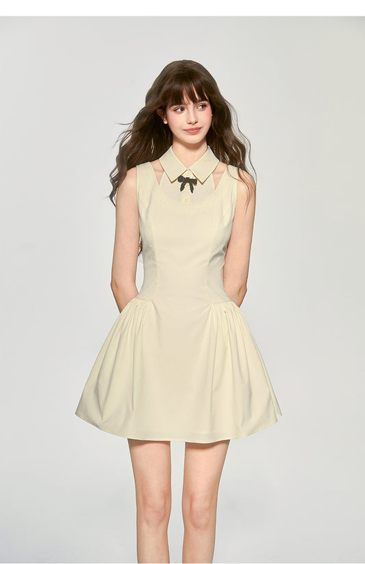 Faux Layered Sleeveless Dress With Collar & Bow