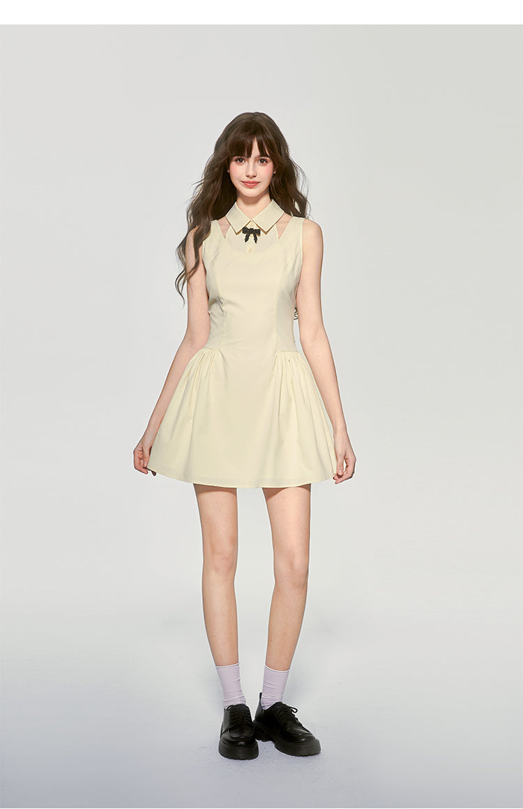 Faux Layered Sleeveless Dress With Collar & Bow