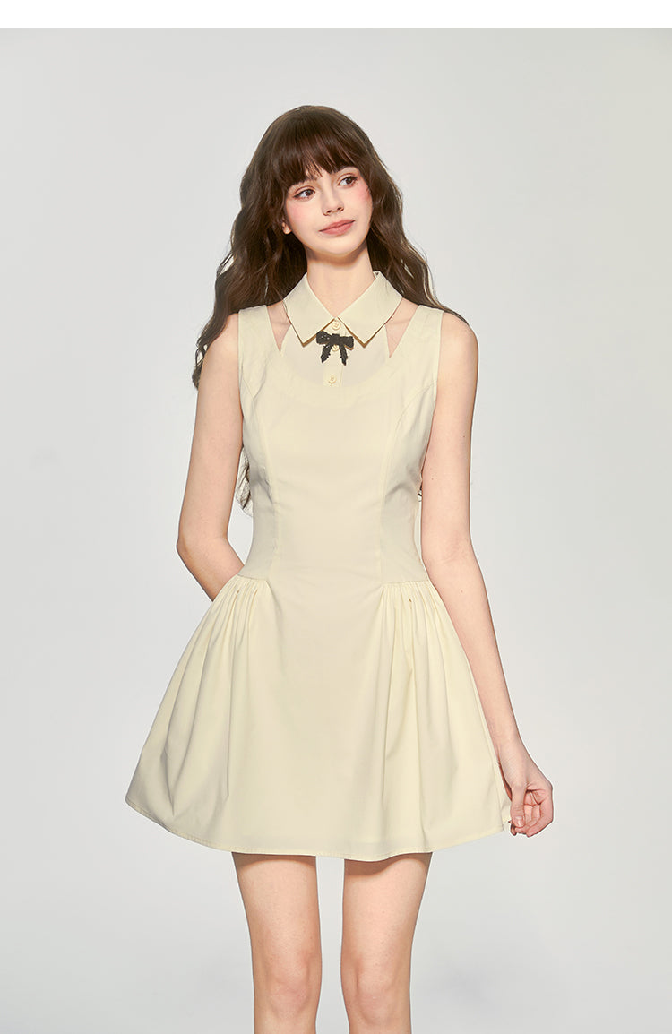 Faux Layered Sleeveless Dress With Collar & Bow