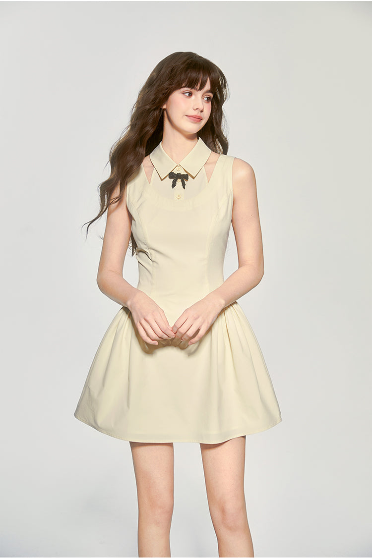 Faux Layered Sleeveless Dress With Collar & Bow