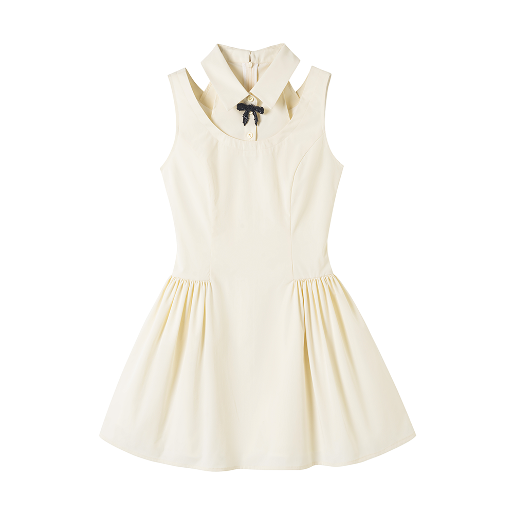 Faux Layered Sleeveless Dress With Collar & Bow