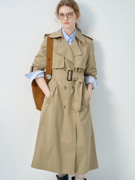 Long Double-Breasted Trench Coat With Wide Belt