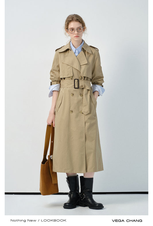 Long Double-Breasted Trench Coat With Wide Belt