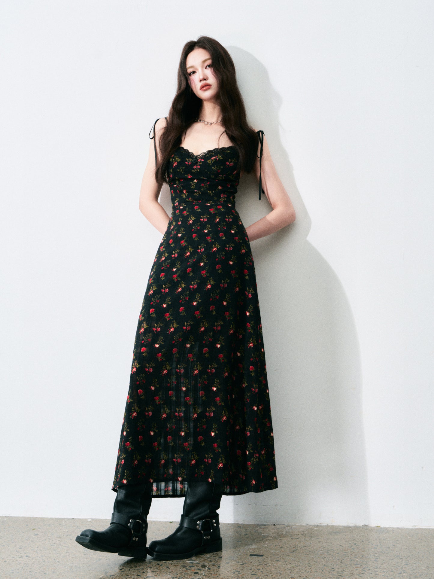 Tie-Strap Rose Print Dress