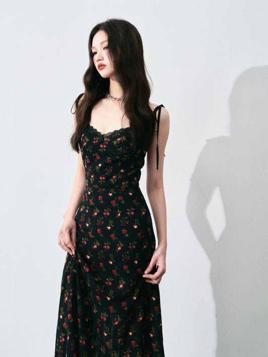 Tie-Strap Rose Print Dress